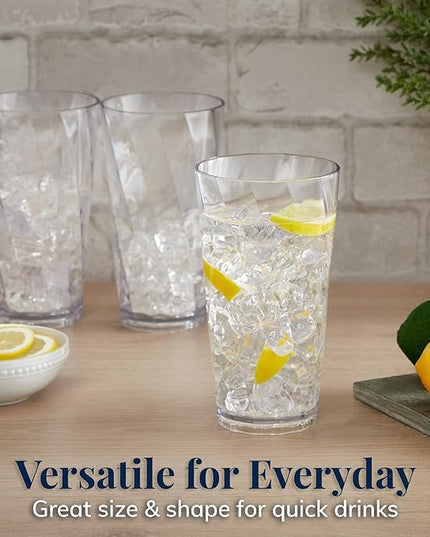 US Acrylic Optix Plastic Reusable Drinking Glasses (Set of 8) 20oz Water Cups in Clear | BPA-Free Tumblers, Made in USA | Top-Rack Dishwasher Safe