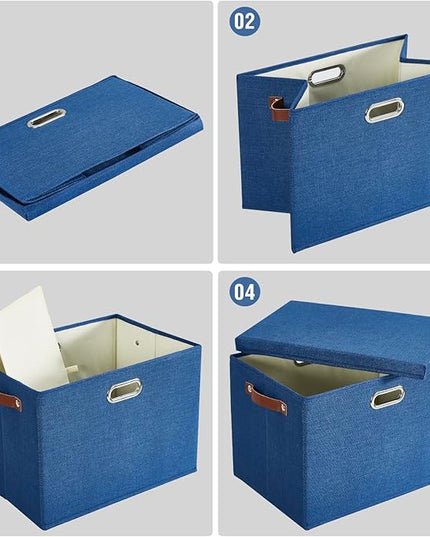 17" Large Collapsible Storage Bins with Lids, Stackable Closet Organizers with PU Handle and Labels, 3-Pack Decorative Fabric Storage Boxes for Home, Bedroom, Closet, Office, Nursery(Navy)