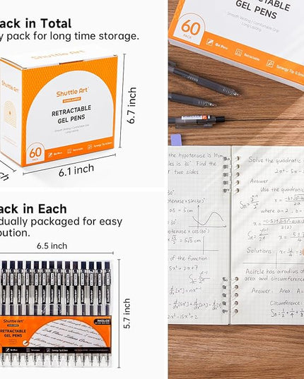 Shuttle Art Black Gel Pens, Ink Glide Series 60 Pack Retractable 0.5mm Fine Point Rollerball Gel Ink Pens Bulk Set Quick Drying Smooth Writing with Grip for Journaling Note Taking Office School Home