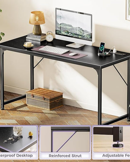 PRAISUN 54 X 20 Inch Office Computer Desk with Power Outlets and USB-C Port, Larger and Longer Gaming Desk, for Home Office, Study, Bedroom, Writing Work from Home Table, Metal Frame, Black