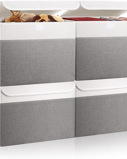Large 22 Quart Linen Fabric Foldable Storage Bin Cube Organizer Basket with Flip-Top Lid & Handles, Clothes Blanket Box for Home, Office, Closet, Gray & White, 4 Pack 14.6 x 9.5 x 9.5”
