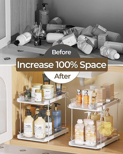Delamu 2 Tier Bathroom Under Sink Organizers and Storage with Hook, Multi-Purpose Cabinet Drawers with Movable Dividers, Pull Out Organization for Countertop, Kitchen and Pantry(White, 4 Pack)
