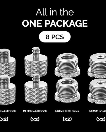 IXTECH Mic Stand Adapter Set - 8 Piece Metal Tripod Adapter Kit - 5/8 Female to 3/8 Male & 1/4 Female to 5/8 Male - ADP02A Silver
