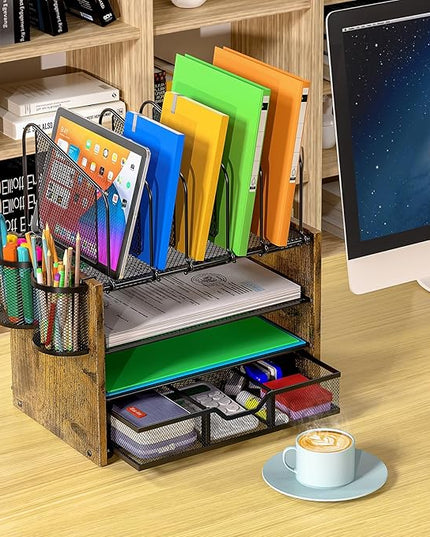 4-Tier Mesh Desk Organizer, Wooden Desk File Organizer with 5 Vertical File Holders and 2 Pen Holders, Desktop Organizers and Accessories with Drawer for Home Office