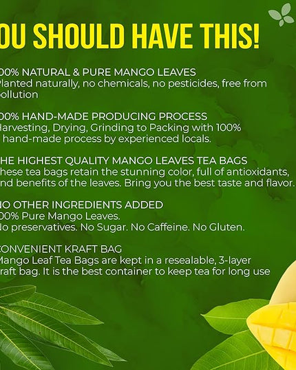 FreshDrinkUS, Premium 60 Mango Leaf Tea Bags, 100% Natural & Pure from Mango Leaves. Loose Leaf Herbal Tea. No Sugar, No Caffeine, No Gluten, Vegan.