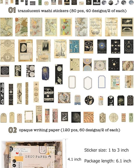Knaid Vintage Scrapbook Supplies Pack (200 Pieces) for Witchy Junk Journal Bullet Journals Planners Space Moon Paper Stickers Craft Kits Collage (Celestial)