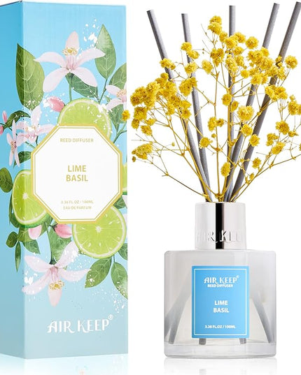 Airkeep Reed Diffuser Set,3.38 fl oz (100 ml) - Lime Basil Oil Diffusers with 8 Reed Sticks, Home Fragrance Reed Diffuser for Bathroom Shelf Decor