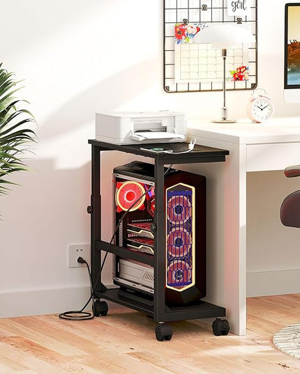 Snughome Computer Tower Stand with Charging Station, 25.0"-32.1" Height Adjustable PC Tower Stand for Floor, Mobile PC Holder with Locking Wheels Computer Cart for Home Office