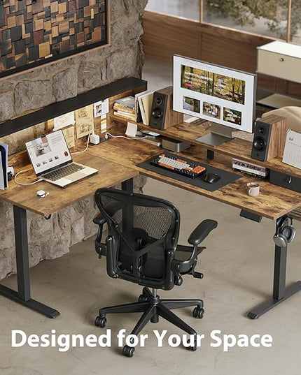 Agilestic L-Shaped Electric Standing Desk, 63x55 Inch Ergonomic Adjustable Height Desk with Storage, Stand Up Corner Desk Sit Stand Computer Table Power Outlet & LED Lights, Office Table, Rustic Brown