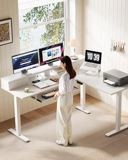 OffiGo 59 Inch L Shaped Electric Standing Desk with Drawers, Height Adjustable Corner Computer Desk with Keyboard Tray & Monitor Stand, Stand Up Table for Home Office Workstation, White