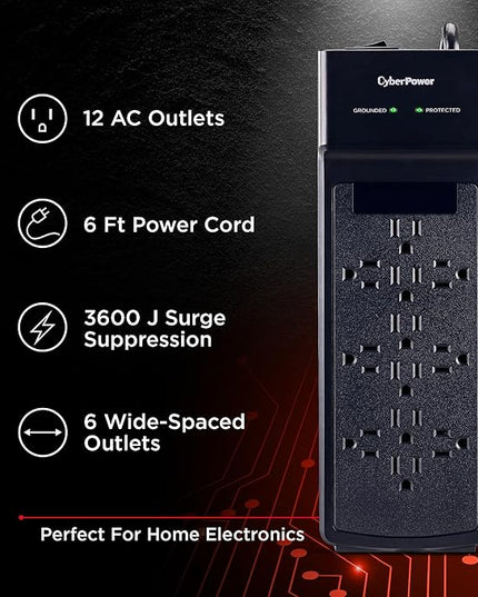CyberPower CSB1206 Essential Surge Protector, 3600J, 125V, 15A, 12 Outlets, 6 Foot Power Cord, Black, ETL Listed
