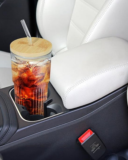 Joeyan 24 oz Clear Glass Tumbler with Straw and Bamboo Lid,Ribbed Large Glasses Cups for Iced Tea Coffee Smoothie Water Juice Beverages Soda,Thickened Drinking Jar,Set of 2,Dishwasher Safe