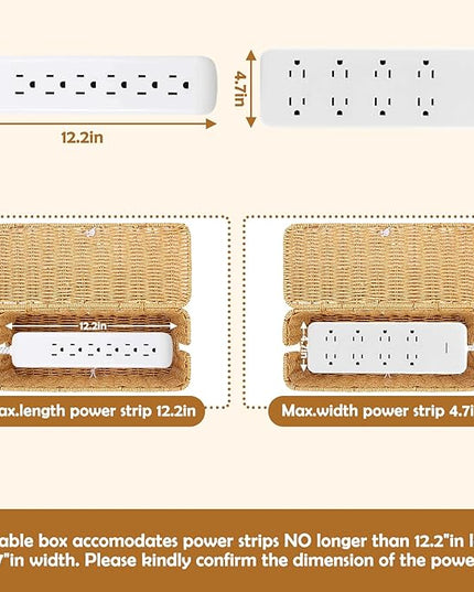 Cable Management Box, Handmade Imitation Rattan Cord Cable Organizer, Open Slots Cords Hider Box Cord Basket Under Desk Cord Organizer for Computer Router USB Hub & Power Strip
