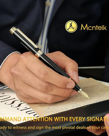 MCNTEIK 317 Fountain Pen,Stunning Luxury Black Piano Lacquer,18K Gilded Nib(Fine),Gorgeous 24K Gold Finish, Ink Converter,Fancy Gift for Men&Women-Elegant,Executive,Office,Nice Pens for Writing