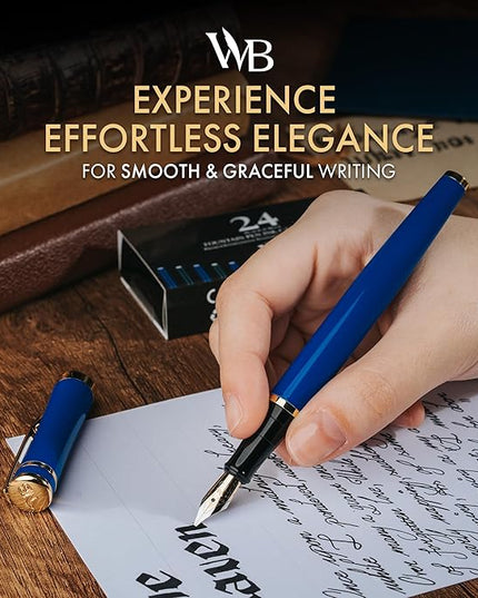 Wordsworth & Black Fountain Pen Set, 18K Gilded Broad Nib, Includes 24 Pack Ink Cartridges, Ink Refill Converter & Gift Box, Gold Finish, Calligraphy, [Imperial Blue], Perfect for Men & Women