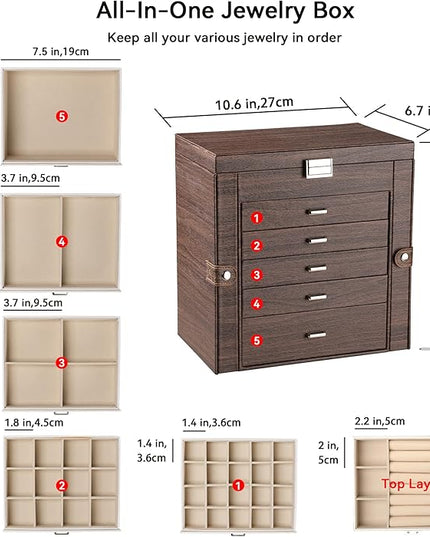 Frebeauty Large Jewelry Box,6-Tier PU Leather Jewelry Organizer,Multi-functional Storage Case with Mirror,Accessories Holder with 5 Drawers for Necklace Bracelets Watches(Tree Brown)