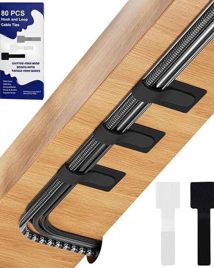 80PCS Hook and Loop Cable Ties, Hook and Loop Cable Straps, Under Desk Cable Management, Adhesive Cable Clips, Sticky-Back Cord Organizer for Desk, Household & Office Organization (Black+White)