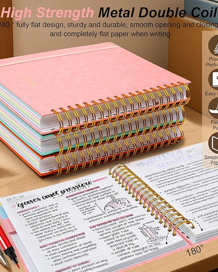 Hardcover Spiral Notebook 8"x10" Journal Notebook with Tabs and Removable Dividers 300 Pages 5 Subject Notebook College Ruled, Faux Leather Spiral Bound Notebook for Women School Work (Pink)