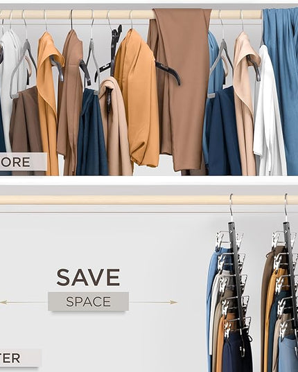 MORALVE Skirt Hangers Space Saving with Clips - 2 Pack - European Beechwood 5-Tier Hanger for Shorts, Skirts, and Pants - Closet Organizer and Storage Solution for Women with 360° Swivel Hook
