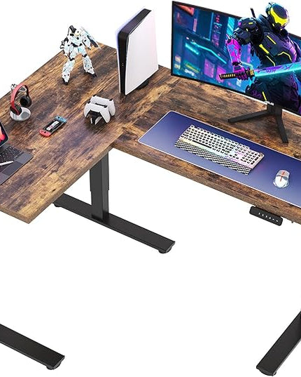 SANODESK L Shaped Standing Desk Adjustable Height, Electric Corner Standing Desk, 63 x 48 inch Sit Stand Computer Table with Splice Board, Rustic Brown