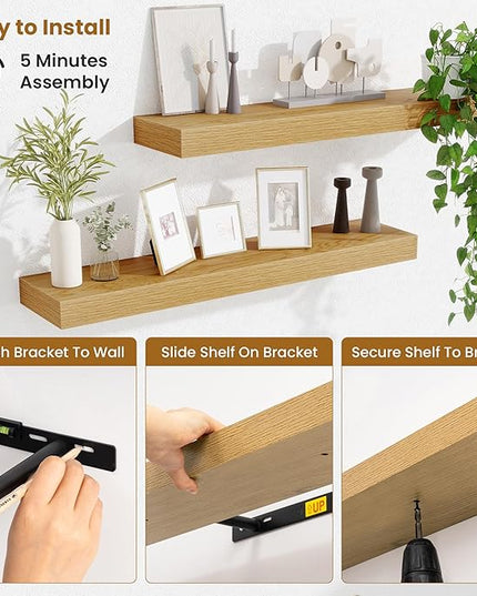 Fun Memories Floating Shelves 30 Inch, Wall Mounted Wood Shelf Set of 2, Farmhouse Decor for Bathroom, Bedroom, Kitchen, Living Room, Oak