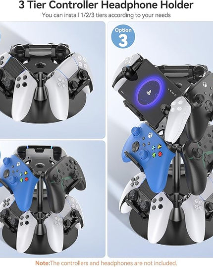 Headset Stand 3 Tiers for Desk, Rotatable Gaming Controller Stand for PS5/PS4/Xbox/Switch2/PS Portal/Phone, Universal PC Gamer Gift Accessory Controller/Headphone Holder for 9 Packs Controller