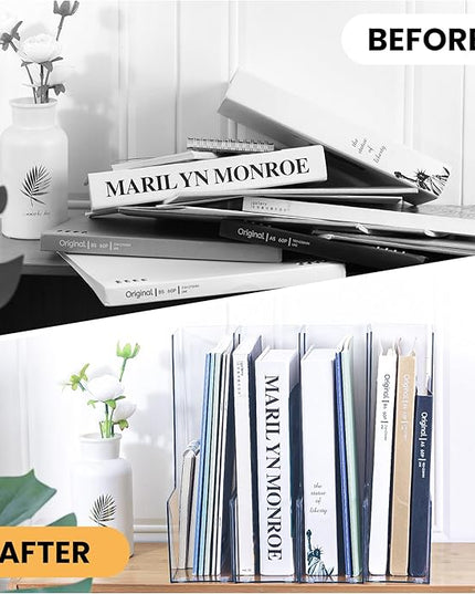 Vertical Magazine File Holder, Clear File Organizer Desk Organizer and Storage Bins Holding for Magazines, Binders, Notebooks, Envelopes, Plastic Office Organization and Storage for Desk, 4 pack