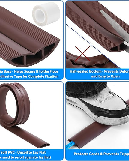 Floor Cord Cover 10ft, Cord Hider Floor Hide Extension Cords, Floor Cable Management Prevent Cable Trips, Floor Cable Cover Wire Covers for Cords, Cable Protector Cord Cavity W0.6in x H0.32in Brown
