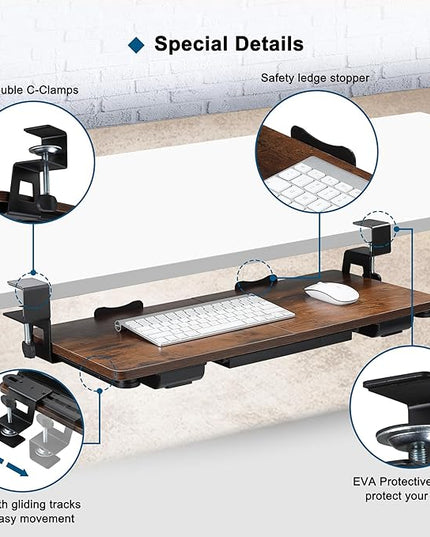Keyboard Tray Under Desk with Drawer,26.77" X 11.81"Large Size Keyboard Tray with C Clamp-on Mount, Easy to Install, for Home Office (Mahogany)