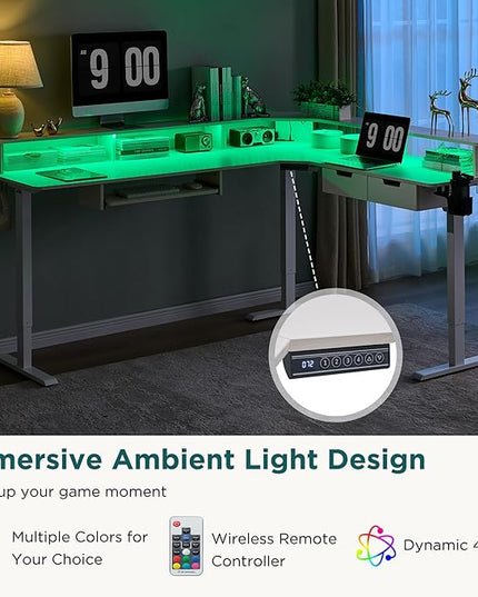 RedLemon 75X60 Inches L Shaped Electric Standing Desk, Height Adjustable Corner Gaming Desk with Drawers, Keyboard Tray, Power Outlets & LED Lights, Computer Desk with Monitor Shelf, Antique White