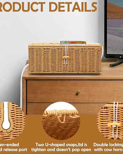 Cable Management Box, Handmade Imitation Rattan Cord Cable Organizer, Open Slots Cords Hider Box Cord Basket Under Desk Cord Organizer for Computer Router USB Hub & Power Strip