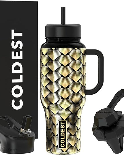 Coldest Tumbler with Handle and Straw - 100% Leak Proof Insulated Tumbler with Lid and Straw (3 Lids) - Stainless Steel Tumblers for Women & Men - Cup Holder Friendly Base, 36 oz (Gold Dragon)