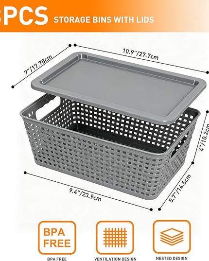 Plastic Storage Baskets With Lid, Storage Bins for Organizing, Stackable Decorative Containers for Shelves Drawers Desktop Closet Playroom Classroom Office, 8 Pack-Grey
