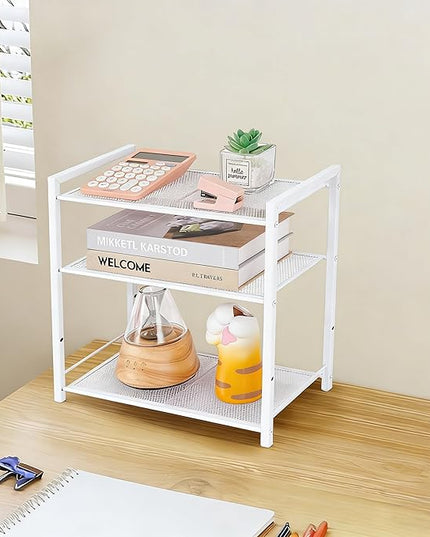 Desktop Shelf Organizer, 3-Tier Office Storage Rack, Adjustable Metal Bookshelf for Top of Desk, White Desk Organizer for Office, Home, Dorm and Small Spaces (White)