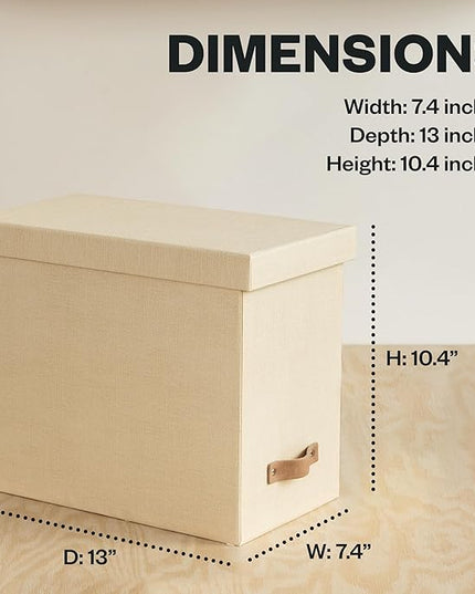 Bigso John File Box - File Storage Box and File Organizer for Important Paperwork - Durable Hanging File Box with Lid and Leather Handle - 7.36 in x 13.26 in x 10.51 in - Cream