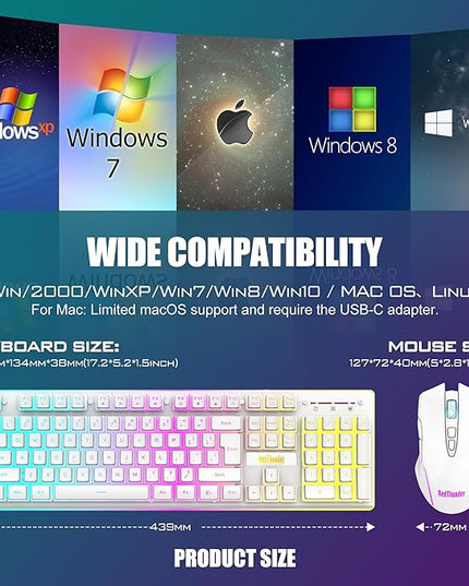RedThunder K10 Wireless Gaming Keyboard and Mouse Combo, RGB Backlit Rechargeable 3800mAh Battery, Mechanical Feel Anti-ghosting Keyboard + 7D 3200DPI Mice for PC Gamer(White Pudding)