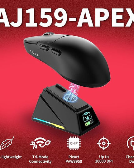 AJAZZ AJ159 APEX Wireless Gaming Mouse 2.4G Wired BT|RGB Magnetic Screen Charging Dock|Lightweight|42K Optical Tracking|400mAh Battery |PAW3950APEX Sensor.