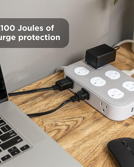 GE 12-Outlet Surge Protector with 6ft Braided Cord, Power Strip, Extension Cord, Flat Plug, 2 USB-A & 1 USB-C Port, 2100 Joules, for Home School & Office, Charging Station, White, 84214