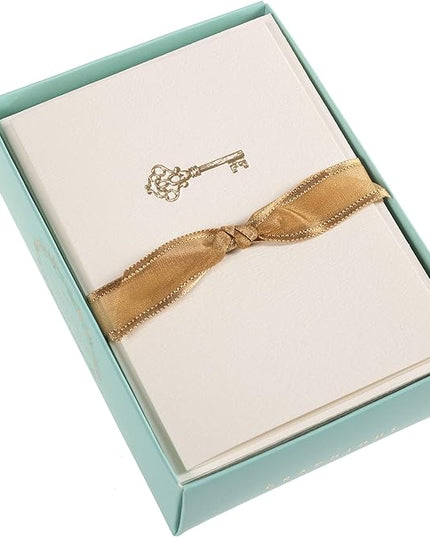 Graphique Key La Petite Presse Boxed Notecards - 10 Embossed and Embellished Gold Foil Vintage Key Blank Cards with Matching Envelopes, 3.25" x 4.75" (L1543CB)