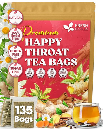 Premium Happy Throat Herbal Tea – 135 Bags Of Supper Tea Blend: Marshmallow Root, Slippery Elm & Ginger – Dry & Sore Throat Relief – Caffeine-Free, No Honey, No Citrus – No Sugar