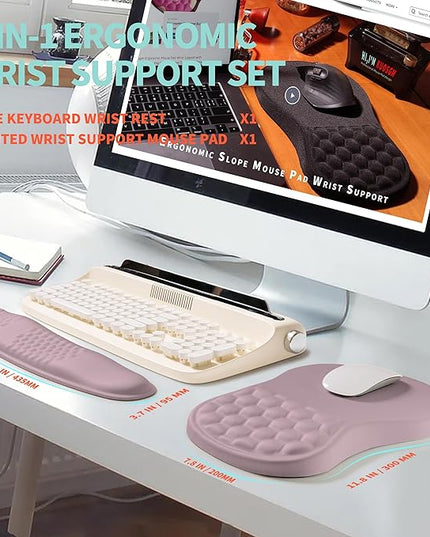 2-in-1 Ergonomic Set, Wave Rise Keyboard Wrist Rest and Massage Bulge Slope Mouse Pad Wrist Support, Cushion Memory Foam Integrated to Relieve Wrist Pain, Purple