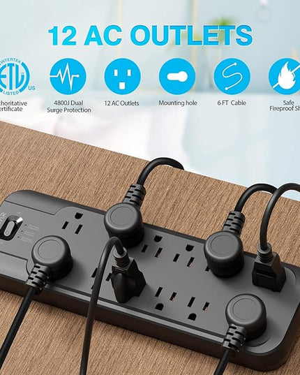 VINTAR Power Strip Surge Protector (2 × 4800 Joules) with 12 AC Outlets,1875W Output, 6ft Long Extension Cord Flat Plug with Dual Surge Protection for Office, Home, ETL Listed, Black