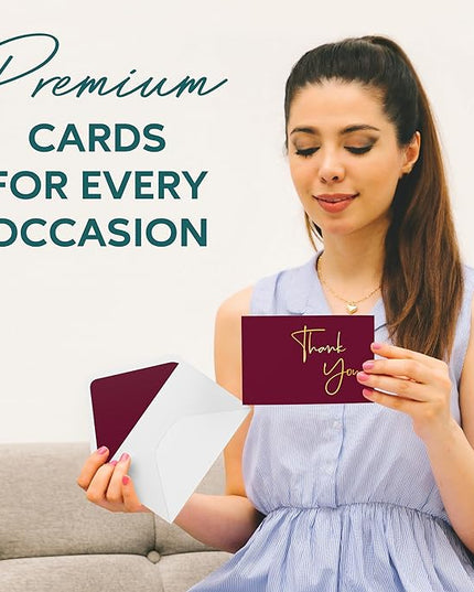 VNS Creations Gold Foil Thank You Cards With Envelopes Bulk Set & Stickers - 100 Pack 4x6 Blank Thank You Notes Box Set - Large Note Card Small Business, Wedding, Baby Shower & Bridal Shower - Wine