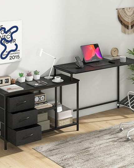 Tangkula 81 Inch L-Shaped Desk with Power Outlet, Convertible Corner Desk with Drawers & Shelves, Office Desk for Working, Studying, Gaming (Black)