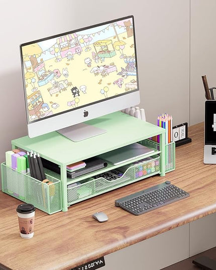 OPNICE Desk Organizers and Accessories, 2-Tier Computer Monitor Stand Riser with Drawer and 2 Pen Holders, Laptop Stand, Office Desk Accessories for Office Supplies, Green