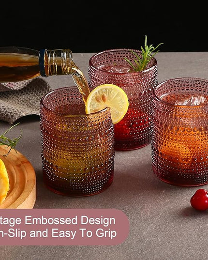 Vintage Glassware Drinking Glasses Set of 6,12 oz Hobnail Glass Cups,Embossed Purple Water Tumbler,for Beer,Cocktail,Whiskey,Juice and Various Mixed Drinks- 1 Cleaning Brush