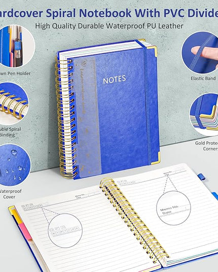 Hardcover Spiral Notebook Journal, 8"x10" Large B5 Notebooks with Removable Dividers Tabs, 300 Pages Leather 5 Subject Notebook College Ruled, Journal for Work School Note, 100 GSM Thick Paper,Blue