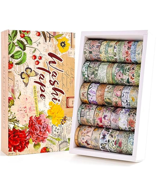 42 Rolls Vintage Washi Tape Set, Delicate Butterfly & Lush Floral Botanical Themed Writable Decorative Tapes with Retro Elements for Scrapbooking, Junk Journal Supplies, Bullet Journaling 5-25mm Wide