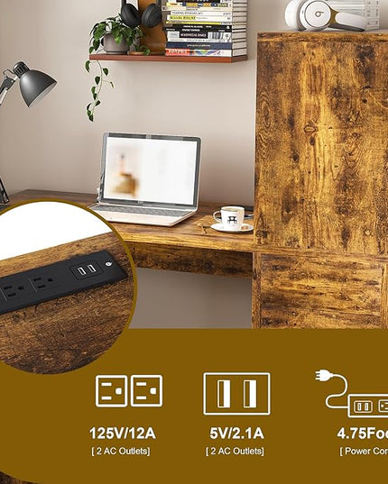 KEIKI Computer Desk with Hutch and 3 Drawers, 4-Tier Storage Shelves, Office Desk with Storage and Integrated 4-in-1 Charging Station, Brown