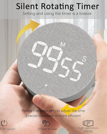 AVINIA Desk Timer for Productivity Magnetic Digital Kitchen Timer Rechargeable Fabric Mesh Cover 99 Mins Countdown/Count Up Stylish Efficana Konah Home Timmer for Cooking (Fabric Gray)